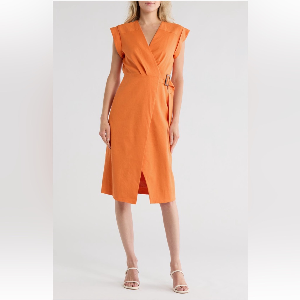 New Veronica Beard Orange Octavia Linen-Blend Wrap Midi-Dress